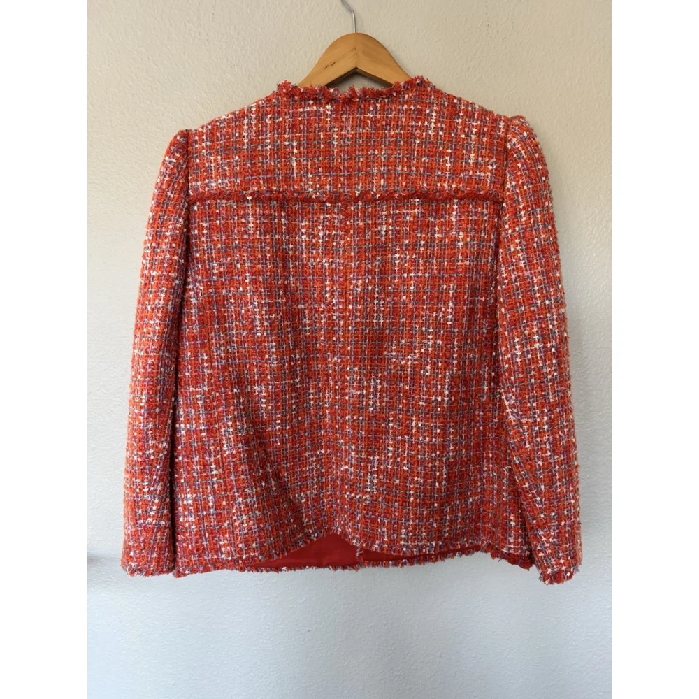 Ann Taylor Tweed Jacket 12Tall Fringe Edge Orange Spark Lined Decorative Buttons - Picture 9 of 11